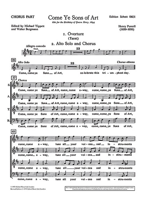 Come Ye Sons Of Art, Ode for the Birthday of Queen Mary, 1694, mixed choir (SATB), soloists (SAAB) and orchestra, choral score