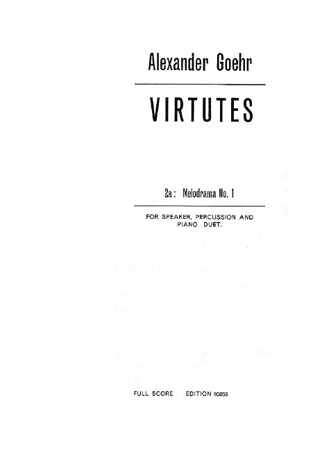 Virtutes, A Cycle of  nine songs and melodramas, Speaker, Percussion and Piano Duet, performance score