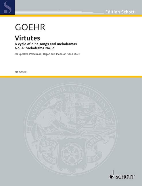 Virtutes, A cycle of nine songs and melodramas, speakers, percussion instruments, organ and piano or piano 4hd., performance score. 9790220105555