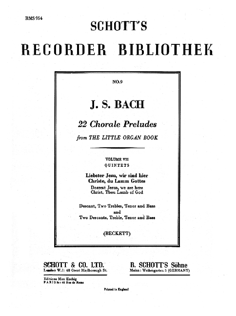 22 Chorale Preludes Vol. 7, from the Little Organ Book, 5 recorders (SAATB/SSATB), performance score