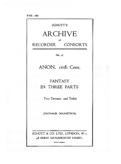 Fantasy in three parts, Serviteur Suis (16th Century), 3 recorders (SSA), performance score. 9790220130212