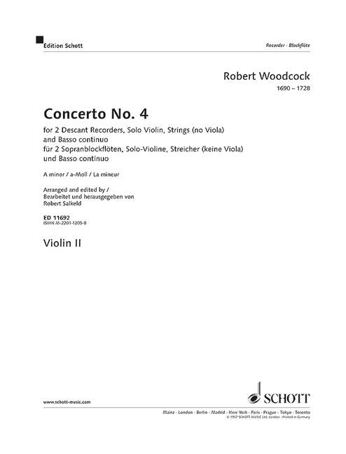 Concerto No. 4 in A minor, 2 descant recorders, violin and strings, separate part