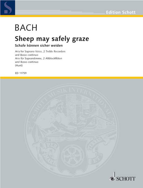 Sheep may safely BWV 208, Aria from the Birthday Cantata No. 208, soprano, 2 treble recorders (flutes) and basso continuo, score and parts. 9790220112409