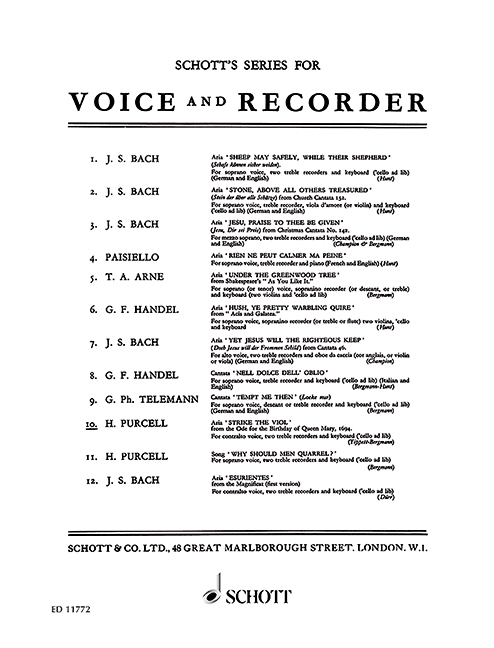 Strike the Viol, Aria from the Ode for the Birthday of Queen Mary, 1694, Kontra-alto, 2 treble recorders and piano; cello ad lib., score and parts