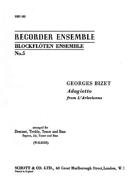 Adagietto, from L'Arlesienne, 4 recorders (SATB), performance score