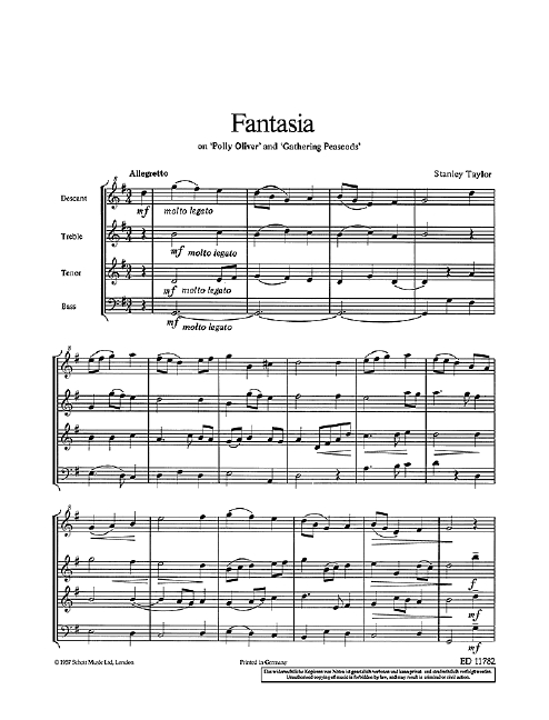 Fantasia, on Polly Oliver and Gathering Peascods, 4 recorders (SATB), performance score