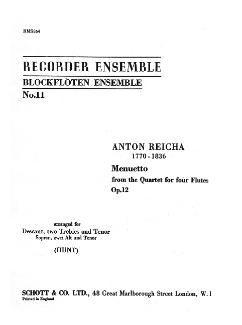 Menuett op. 12, from the Quartet for four flutes, 4 recorders (SAAT), performance score