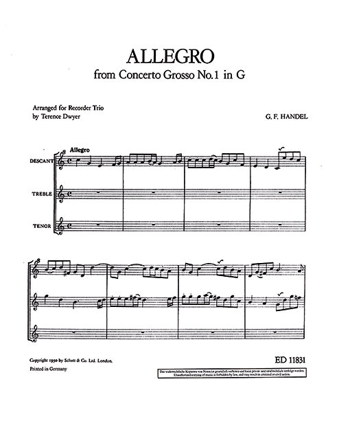 Allegro op. 6/1, from Concerto Grosso No. 1 in G, 3 recorders (SAT), performance score. 9790220112829