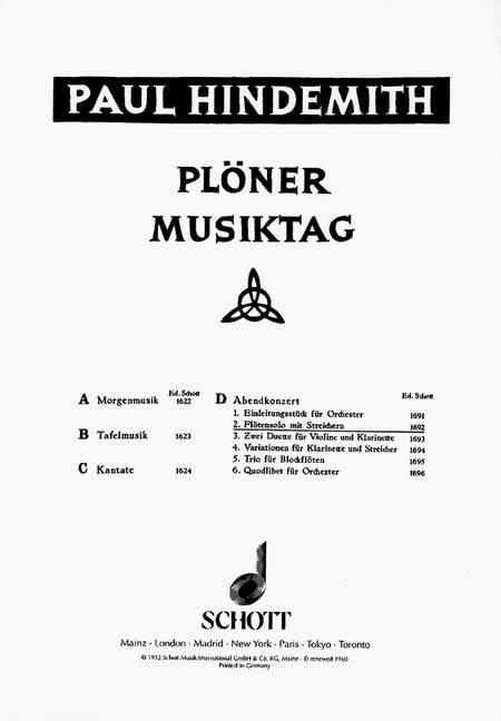 Plöner Musiktag, The Evening Concert - No. 2, flute and string orchestra, score. 9790001034463