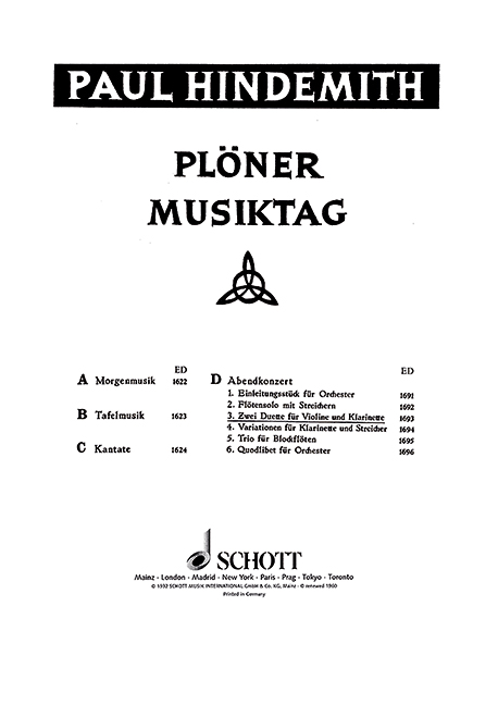 Plöner Musiktag, The Evening Concerto 3: 2 Duets, Violin and Clarinet, performance score. 9790001034517