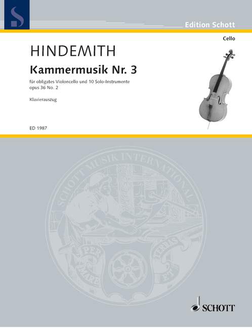 Chamber music No. 3 op. 36/2, Violoncello Concerto, solo-cello, flute (Piccolo), oboe, clarinet (Bb and Eb), bassoon, horn (F), trumpet (C), trombone, violin, cello and double bass, piano reduction wi