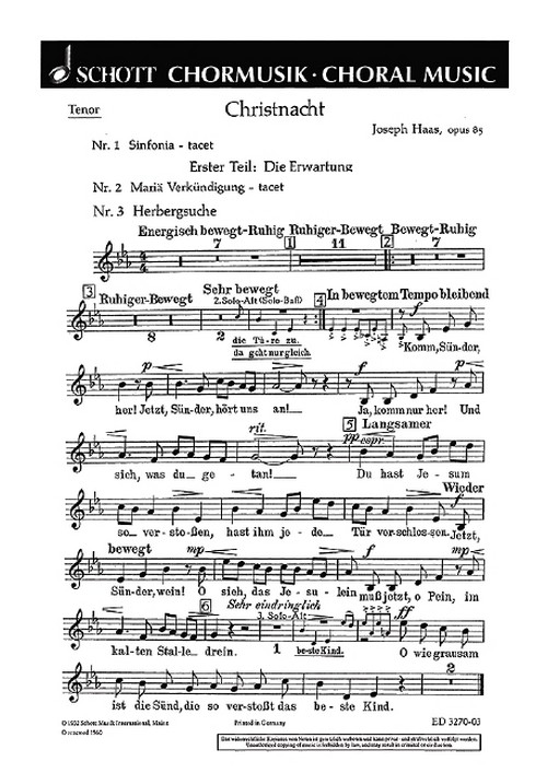 Christnacht op. 85, Ein deutsches Weihnachtsliederspiel nach oberbayerischen und tiroler Weisen, mixed choir (SATB) (female choir, children's choir) with soloists (SSATBarB) and small orchestra, chora