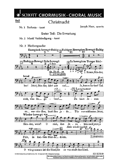 Christnacht op. 85, Ein deutsches Weihnachtsliederspiel nach oberbayerischen und tiroler Weisen, mixed choir (SATB) (female choir, children's choir) with soloists (SSATBarB) and small orchestra, chora