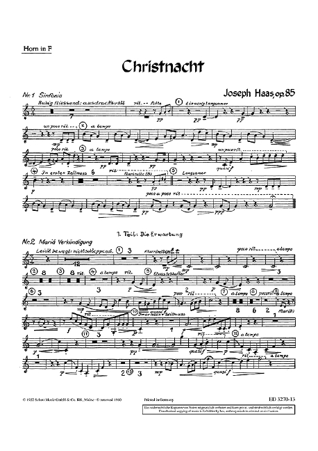 Christnacht op. 85, Ein deutsches Weihnachtsliederspiel nach oberbayerischen und tiroler Weisen, mixed choir (SATB) (female choir, children's choir) with soloists (SSATBarB) and small orchestra, separ