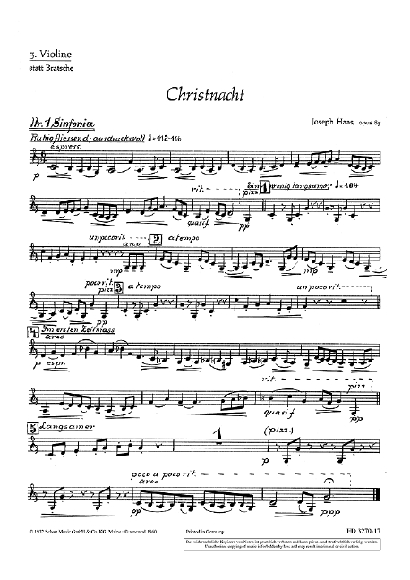 Christnacht op. 85, Ein deutsches Weihnachtsliederspiel nach oberbayerischen und tiroler Weisen, mixed choir (SATB) (female choir, children's choir) with soloists (SSATBarB) and small orchestra, separ