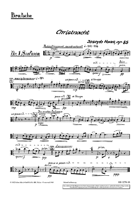 Christnacht op. 85, Ein deutsches Weihnachtsliederspiel nach oberbayerischen und tiroler Weisen, mixed choir (SATB) (female choir, children's choir) with soloists (SSATBarB) and small orchestra, separ