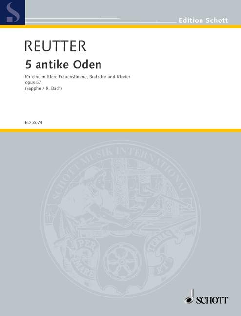 5 antike Oden op. 57, nach Gedichten von Sappho, medium female voice, viola and piano, set of parts. 9790001043960