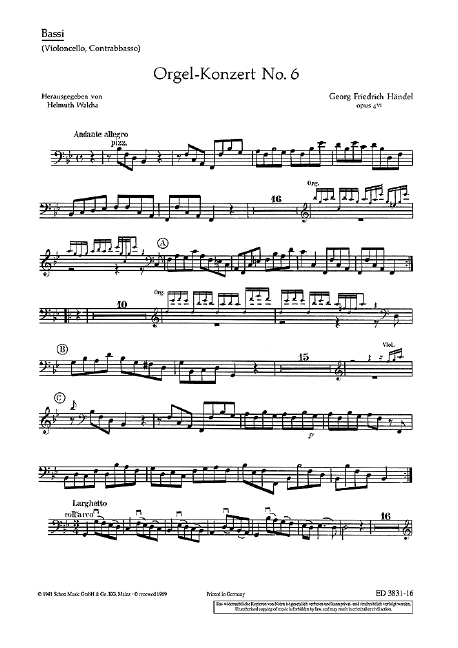 Organ Concerto No. 6 B Major op. 4/6 HWV 294, Harp concertos, Organ (Harp), 2 Flutes (Alto-Recorders) and Strings, separate part