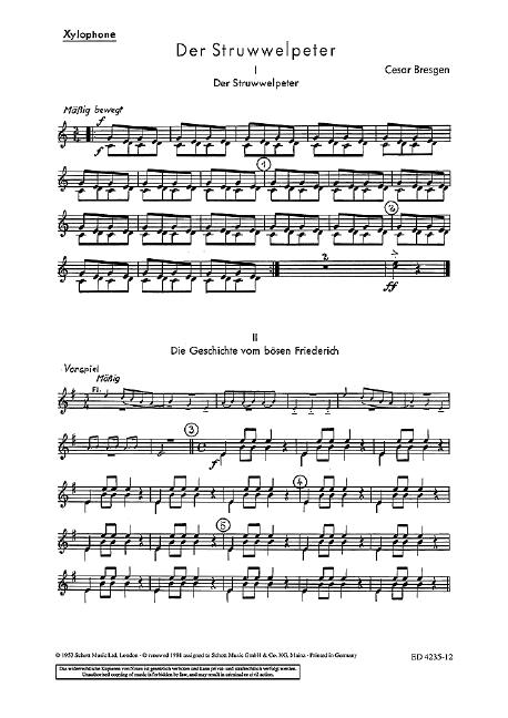 Der Struwwelpeter, Szenische Kantate, children's choir (SMez) with recorders, percussion instruments and piano, separate part
