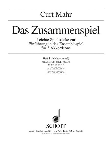 Das Zusammenspiel Heft 2, Leichte Spielstücke zur Einführung in das Orchesterspiel mit praktischen Anweisungen für Nachwuchsgruppen und Unterricht, 3 accordions. 9790001051965