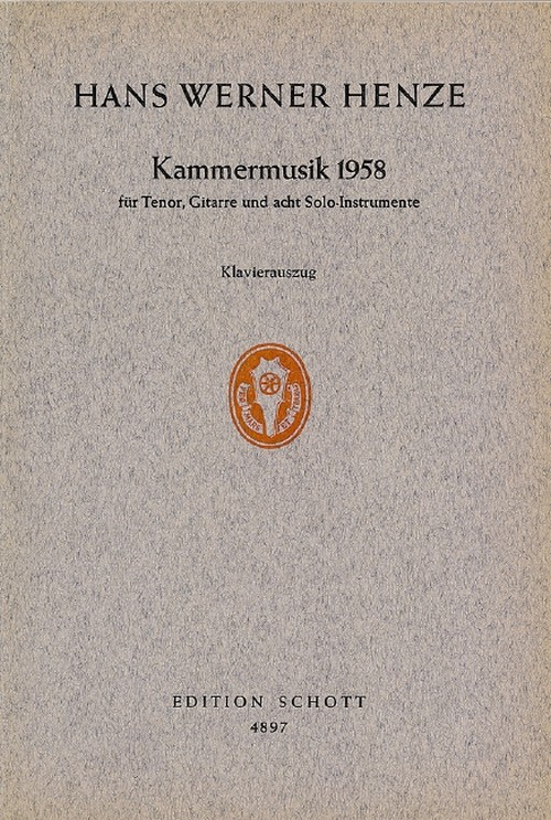 Kammermusik 1958, über die Hymne In lieblicher Bläue von Friedrich Hölderlin, tenor, guitar and 8 solo-instruments, vocal/piano score. 9790001056359