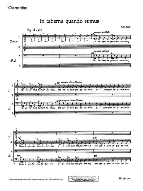 In taberna quando sumus, from Carmina Burana, men's choir (TTBB) and piano (4 hands), choral score. 9790001063524 In taberna quando sumus, from Carmina Burana, men's choir (TTBB) and piano (4 hands), choral score. 9790001063524