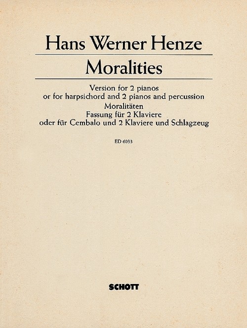 Moralities, 3 morality plays after Aesop's fables, mixed choir (SATB) with soloists (AB), speakers and small orchestra or 2 pianos and percussion, vocal/piano score