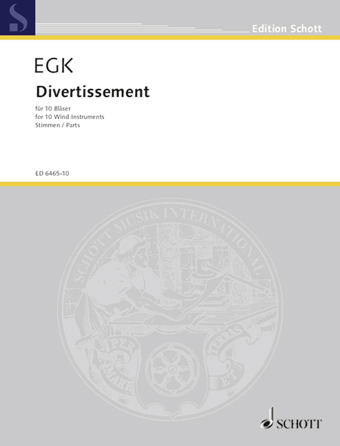 Divertissement, Flute (also Piccolo), 2 Oboes, 2 Clarinets (2. also Bass Clarinet), Trumpet, 2 French Horns and 2 Bassoons (2. also Contrabassoon), set of parts