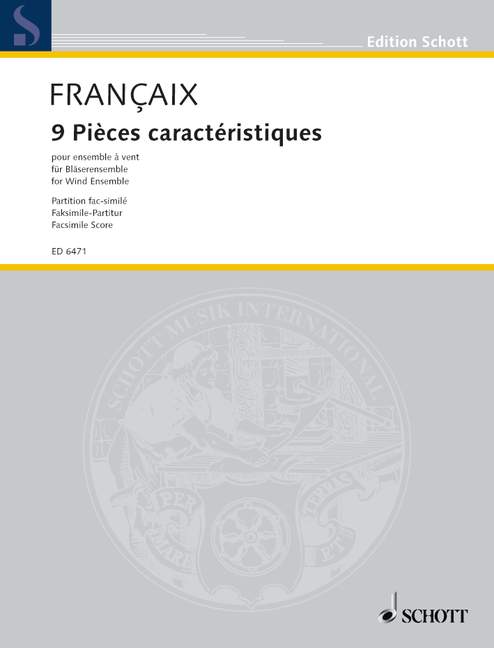 9 characteristic Pieces, for 2 flutes, 2 oboes 2 clarinets, 2 bassoons and 2 horns, 2 flutes, 2 oboes 2 clarinets, 2 bassoons and 2 horns, score. 9790001068710