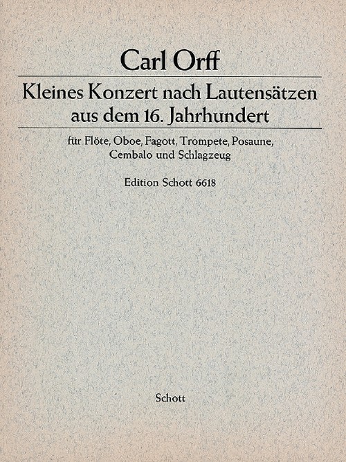 Little Concerto, nach Lautensätzen aus dem 16. Jahrhundert, flute, oboe, bassoon, trumpet, trombone, harpsichord and percussion, score and parts. 9790001070416