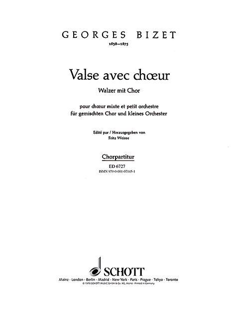 Valse avec choeur, Der lustige Walzer die Liebenden freut, mixed choir (SATB) and small orchestra or piano, choral score. 9790001071451