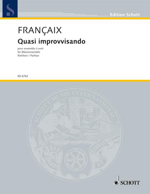 Quasi improvvisando, for wind ensemble, Flute, Piccolo, 2 Oboes, Clarinet, Bass Clarinet, Bassoon, Contrabassoon, 2 French Horns, Trumpet (C), score. 9790001071758