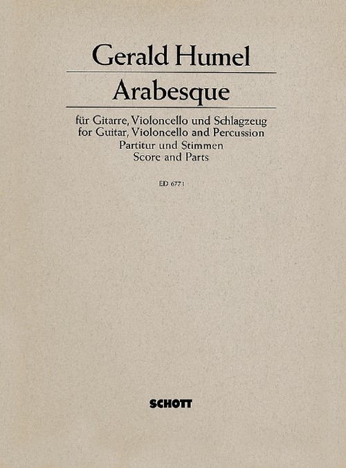 Arabesque, guitar, cello and percussion (side/snare drum, bongo drums, tom-toms,  triangles and marimba), score and parts