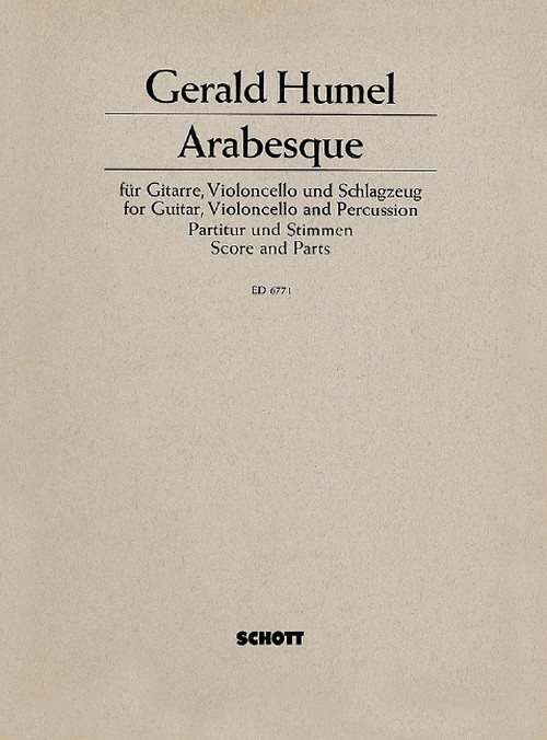 Arabesque, guitar, cello and percussion (side/snare drum, bongo drums, tom-toms,  triangles and marimba), score and parts. 9790001071901