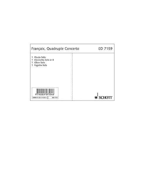 Quadruple Concerto, for flute, oboe, clarinet, bassoon and orchestra, set of solo parts. 9790001075046