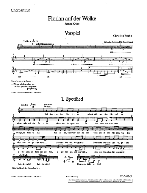 Florian auf der Wolke, Singspiel, children's choir with speakers, 5 solo parts, 2-3 melody instruments in C or B, keyboards, (E-)guitar, (E-)bass and percussion, choral score