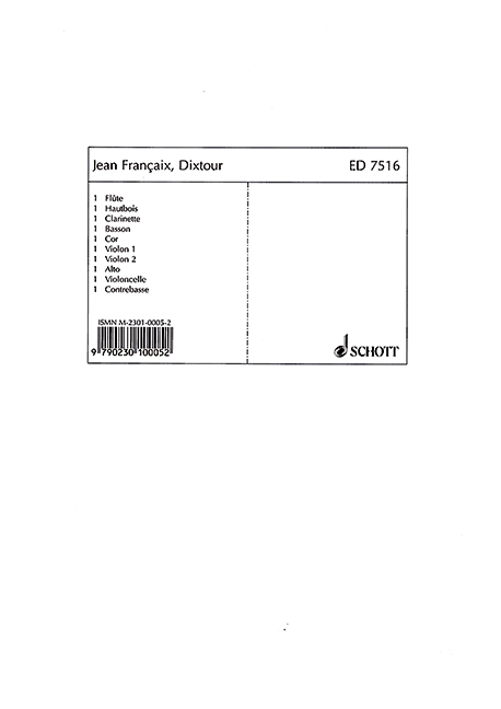 Dixtuor, for wind quintet and string quintet, Flute, Oboe, Clarinet, Bassoon, French Horn, 2 Violins, Viola, Violoncello and Double-bass, set of parts. 9790230100052