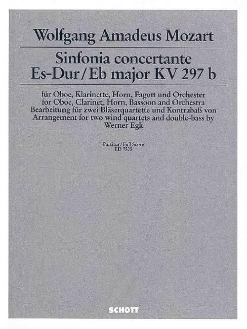 Sinfonia concertante Eb major KV 297b, 8 wind instruments (2 oboes, 2 clarinets, 2 bassoons, 2 horns) and double bass, score. 9790001078610