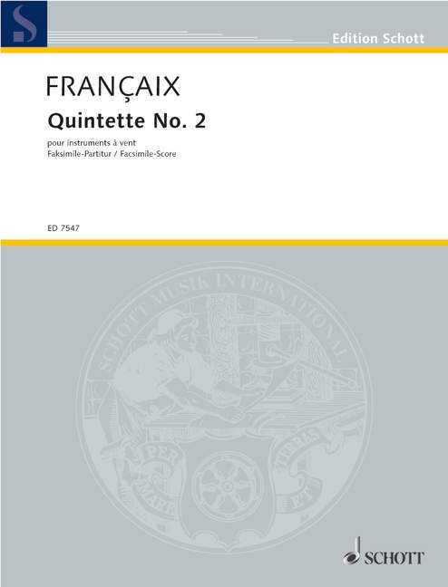 Quintet No. 2, for wind instruments, flute, oboe (cor anglais), clarinet, bassoon and horn, score. 9790001078788