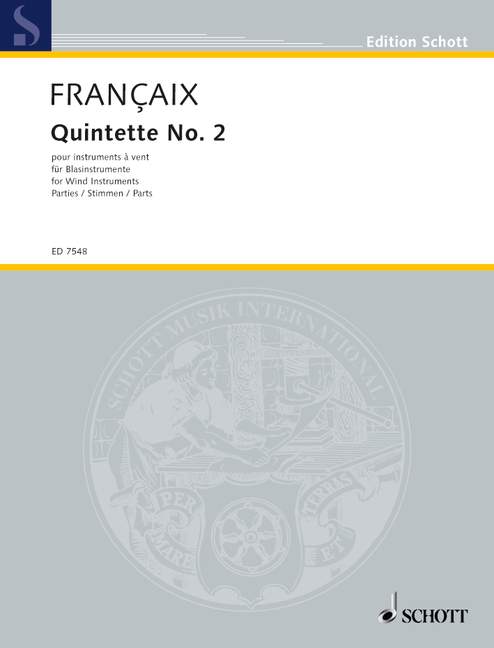 Quintet No. 2, for wind instruments, flute, oboe (cor anglais), clarinet, bassoon and horn, set of parts. 9790001078795