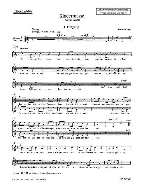 Kindermesse, children's choir (MezMezMez) with 2 soprano recorders, Orff-instruments and organ; strings ad libitum, choral score