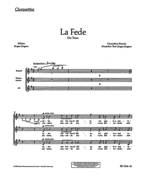 La Fede - Die Treue, Allor, che l'alma afflitta - Alsdann, trauernde Seele, women's choir (SMezA) with piano, choral score