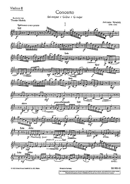 Concerto G Major RV 298/PV 100, violin, Strings and Organ, separate part