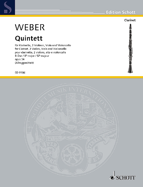 Quintet B major op. 34 JV 182; WeV P.11, clarinet and string quartet, score and parts. 9790001127349