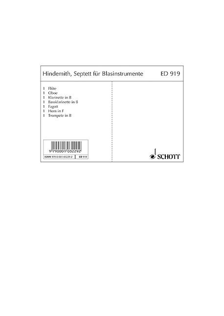 Wind Septet, Flute, Oboe, Clarinet, Trumpet, French Horn, Bass-Clarinet and Bassoon, set of parts. 9790001032292