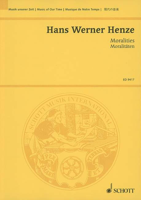 Moralities, 3 morality plays after Aesop's fables, mixed choir (SATB) with soloists (AB), speakers and small orchestra or 2 pianos and percussion, study score. 9790001131483