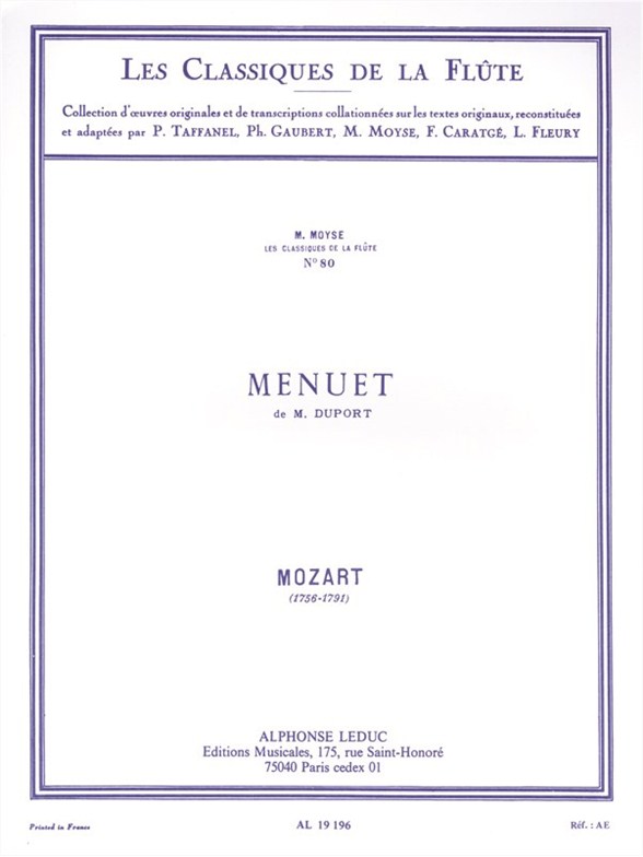 Menuet de M. Duport, Les classiques de la flûte nº 80, flute et piano. 9790046191961