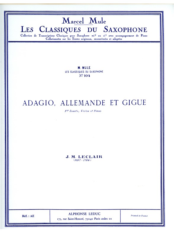 Classique Saxophone Mib Nº 104: Sonate nº 1, Adagio Allemande Gigue, saxophone alto