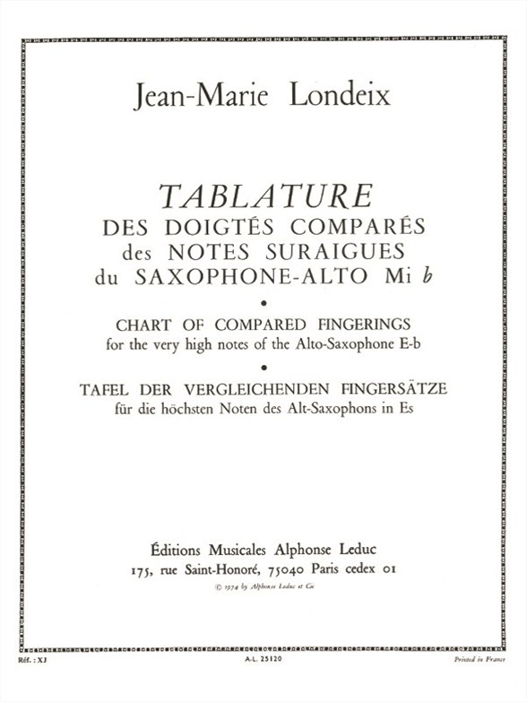 Tablature des doigtés comparés des notes suraigués, saxophone