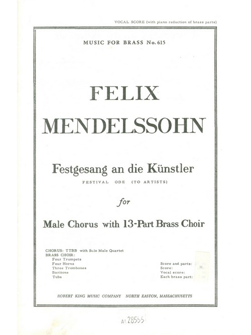 Sokol Festgesang an die Kunstler, for Male Chorus with 13-Part Brass Choir. 9790046285554